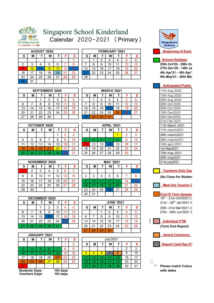 Primary Calendar Singapore School Kinderland