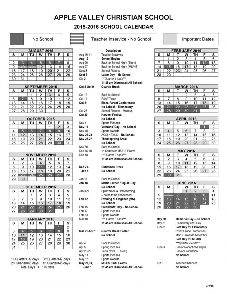School Calendar 2015 2016 Apple Valley Christian School School 