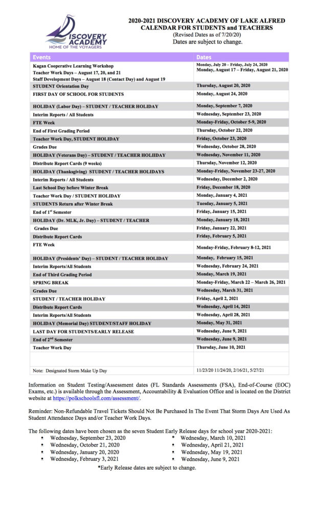 School Calendar Discovery Academy Of Lake Alfred