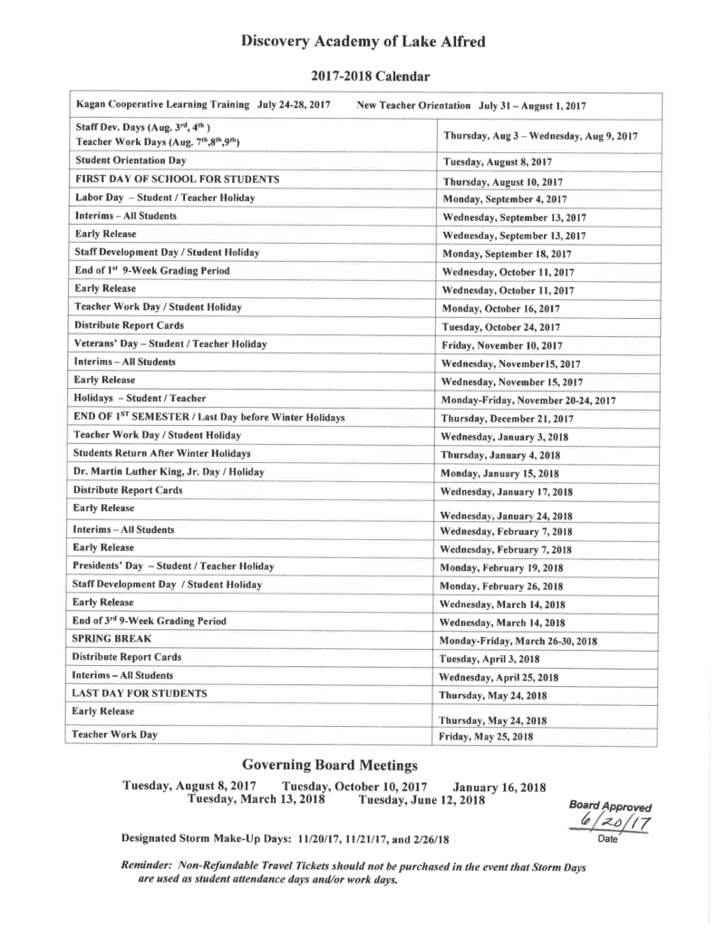 School Calendar Discovery Academy Of Lake Alfred