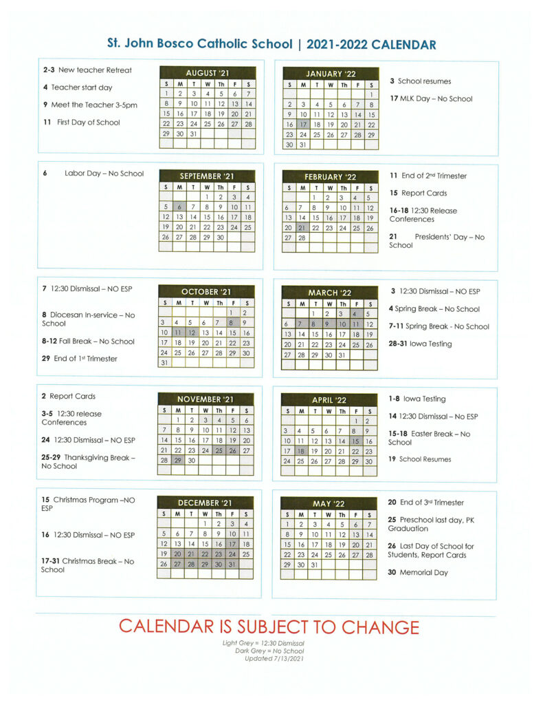 School Calendar St John Bosco Catholic School Phoenix AZ