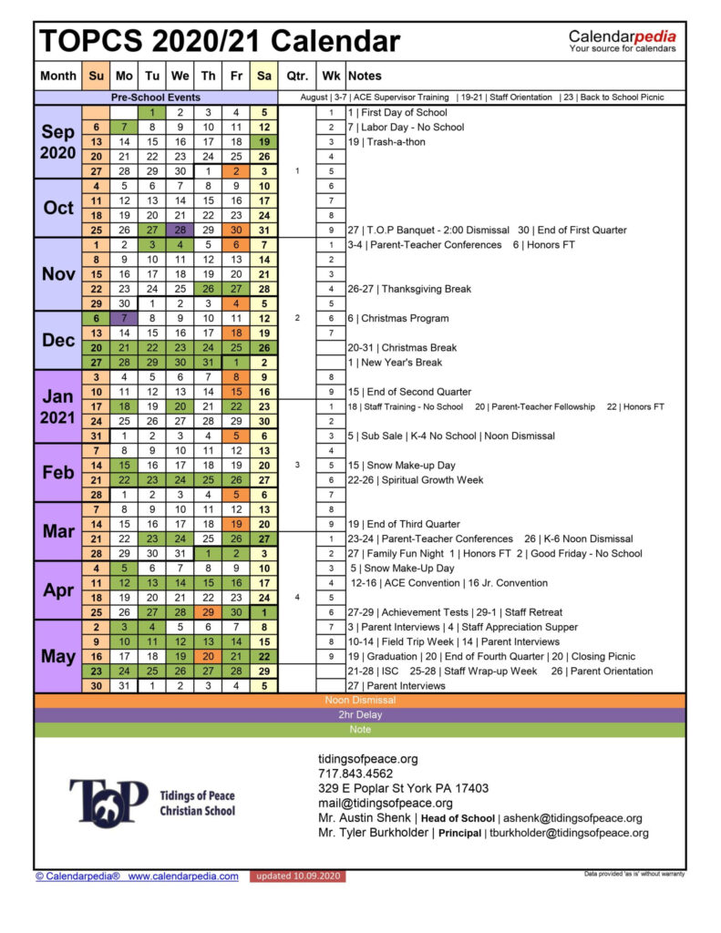 School Calendar Tidings Of Peace Christian School