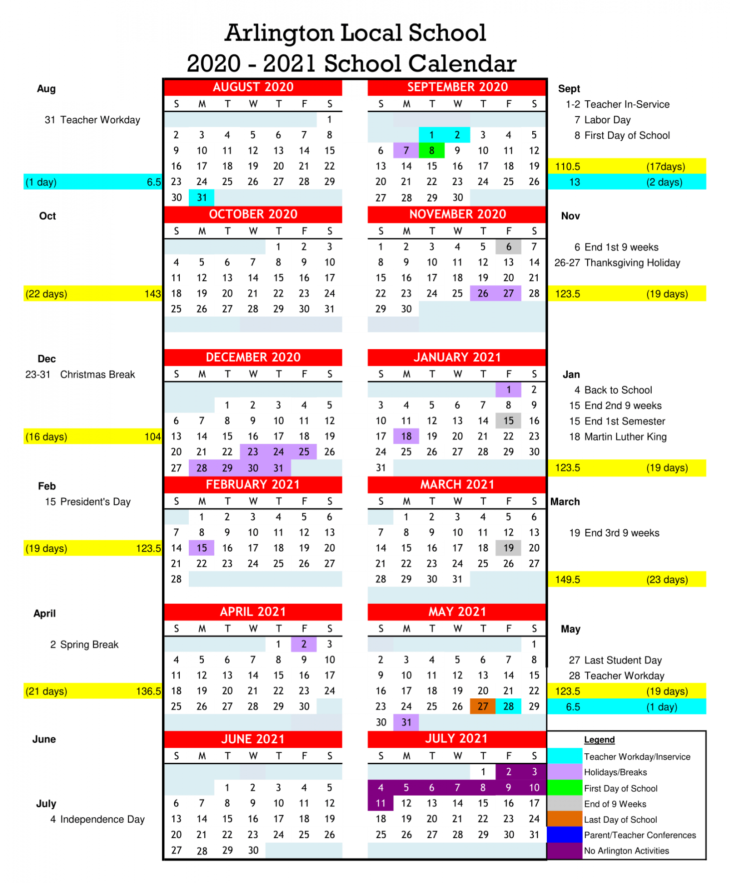 School Calendars Arlington Local Schools