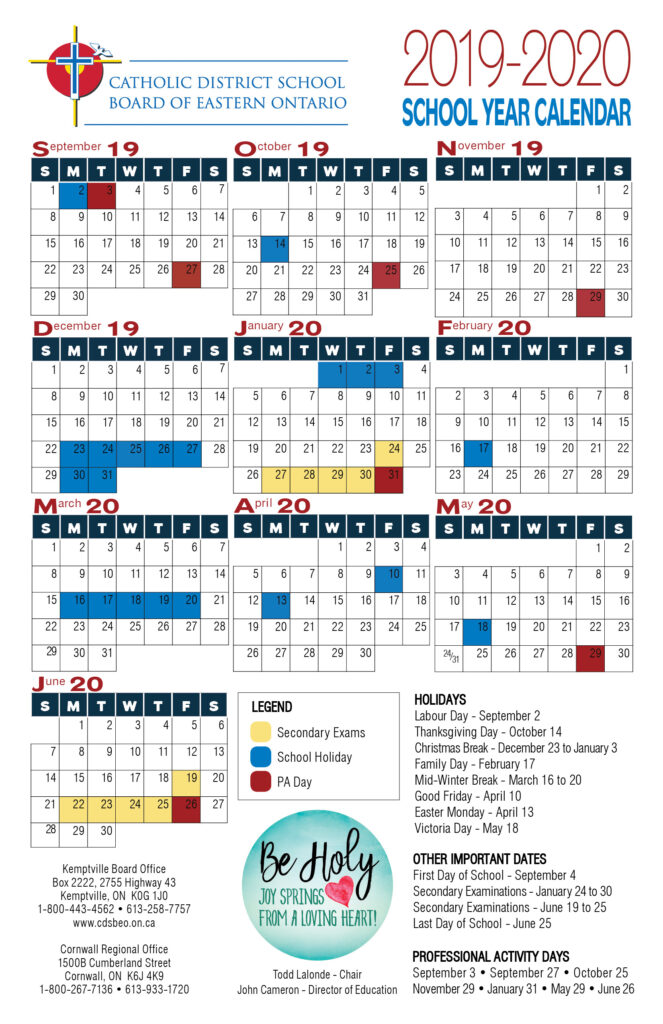 School Year Calendar Catholic District School Board Of Eastern 