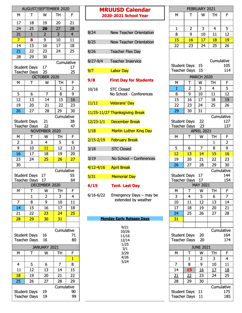School year Calendar Wallingford Elementary