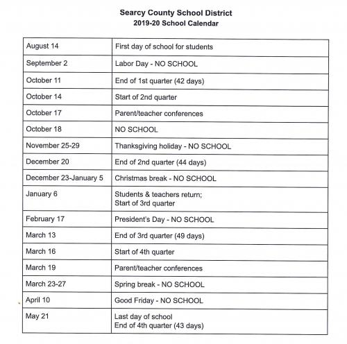 Searcy County School District School Calendar