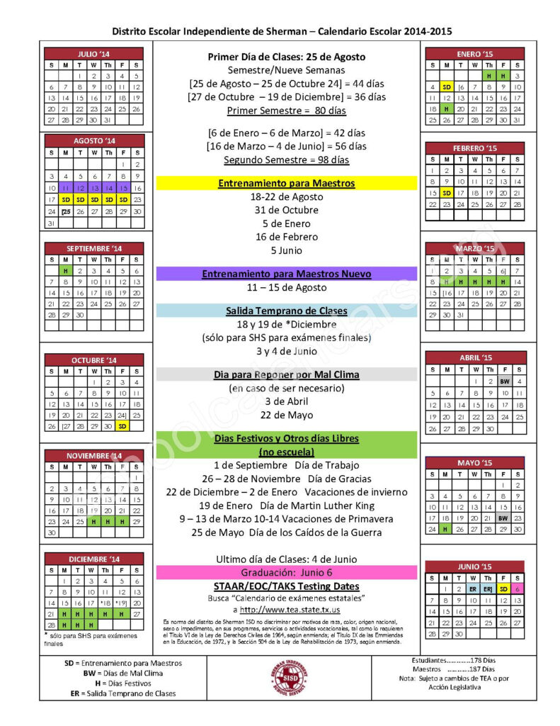 SISD District Calendar For 2014 2015 Espa ol Jefferson Elementary 