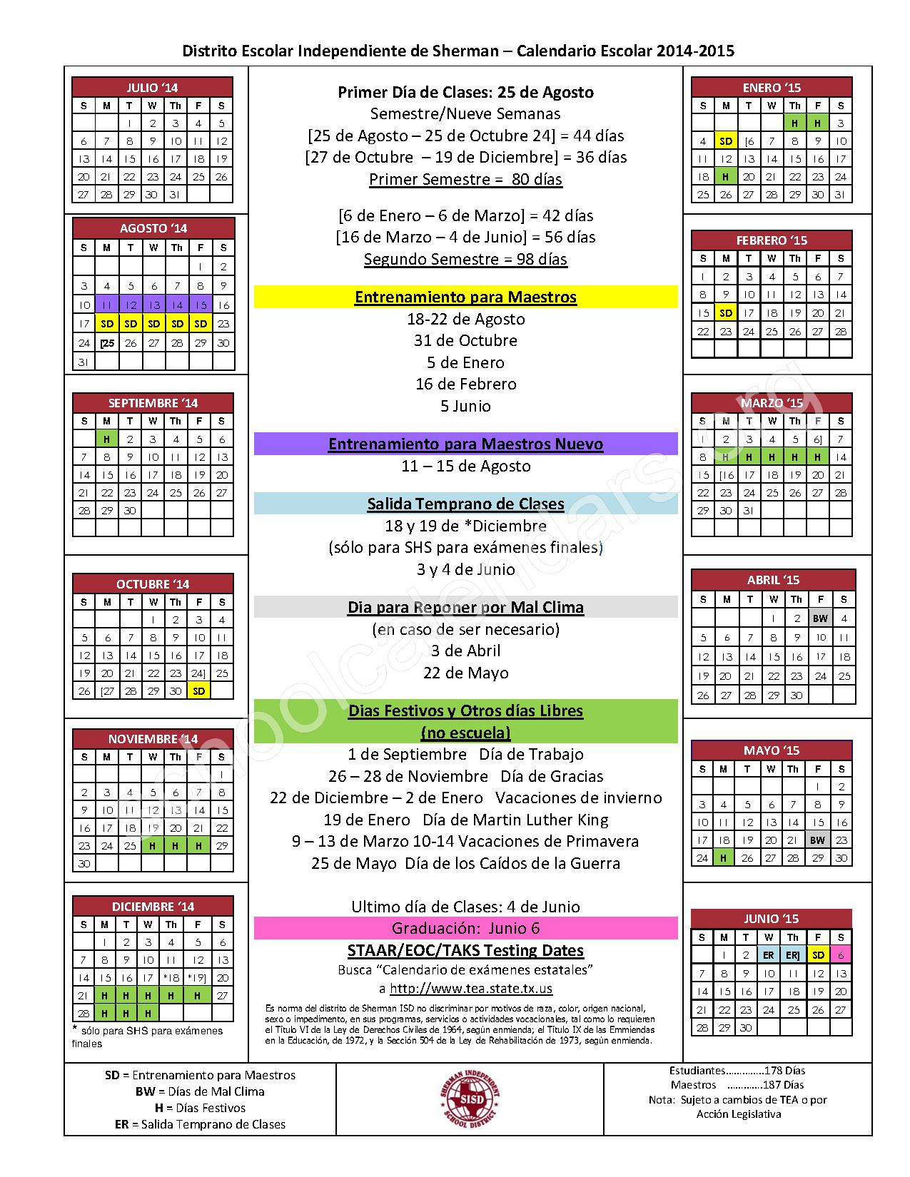 SISD District Calendar For 2014 2015 Espa ol Jefferson Elementary