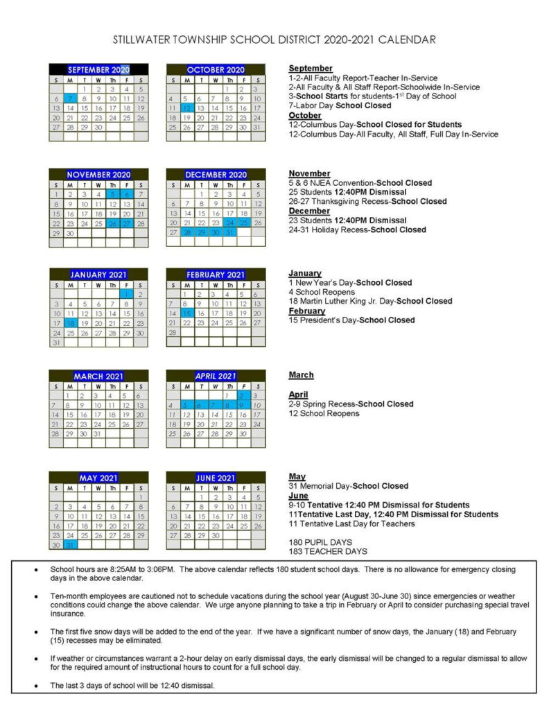 Stillwater Township School District Calendar 2020 And 2021 