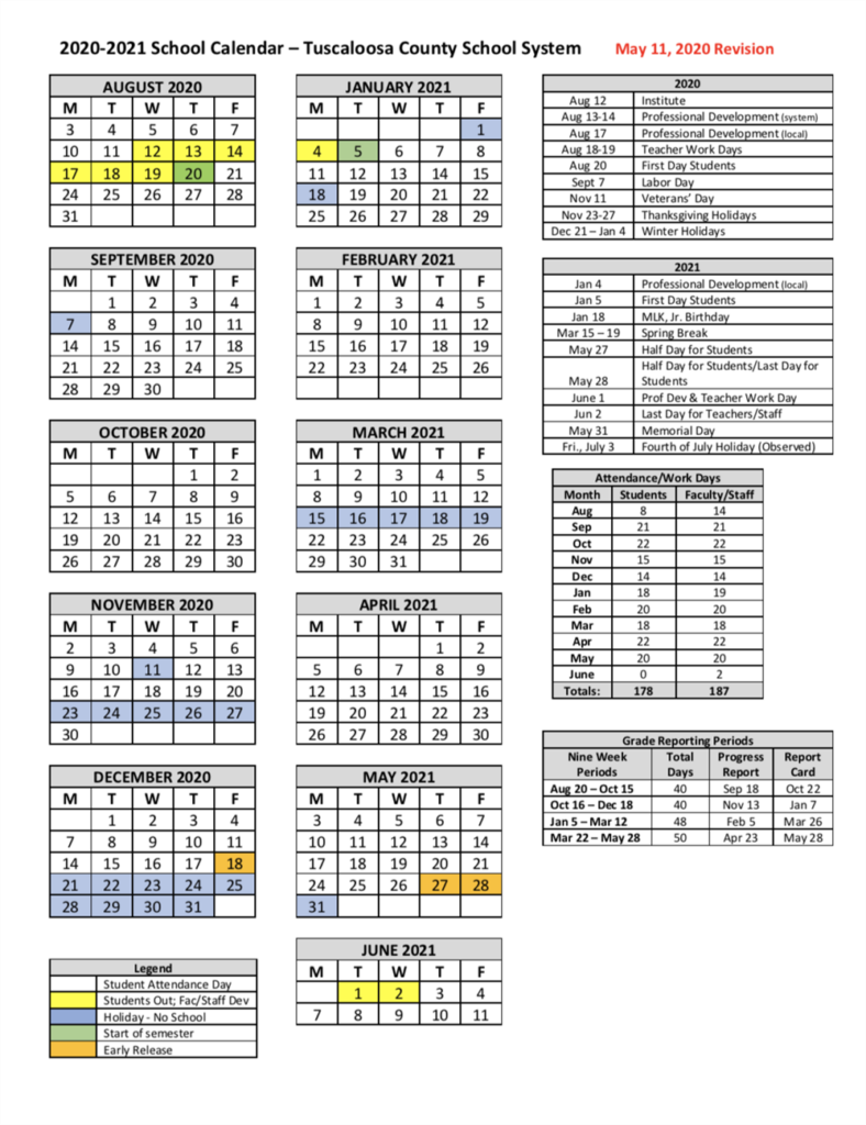 Tuscaloosa County School Calendar 2020 2021 Printable Calendars 2021