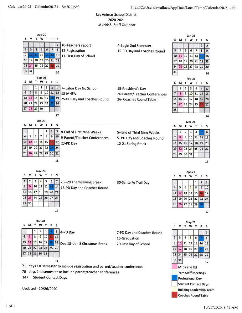 Updated 2020 21 Calendar Las Animas School District