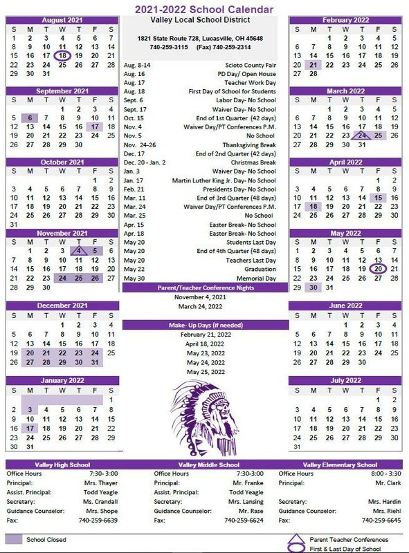 Valley District Calendar For The 2021 2022 School Year Valley Local 