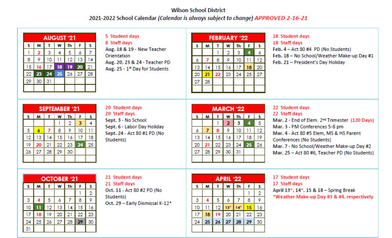 Wilson School District Calendar Holidays 2021 2022 School District 