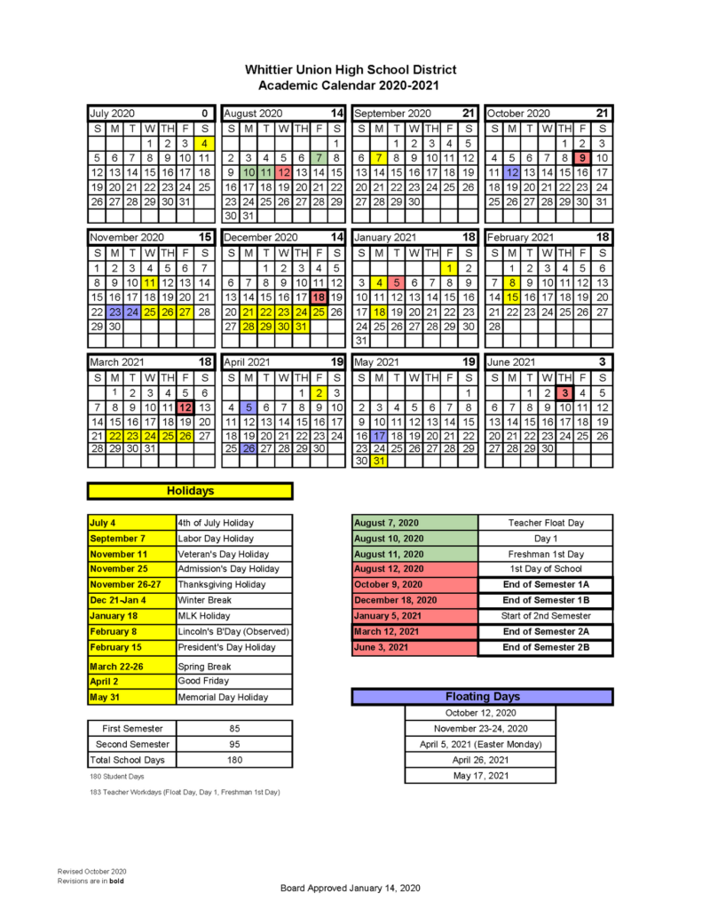 WUHSD Academic Calendars District Information Whittier Union High 