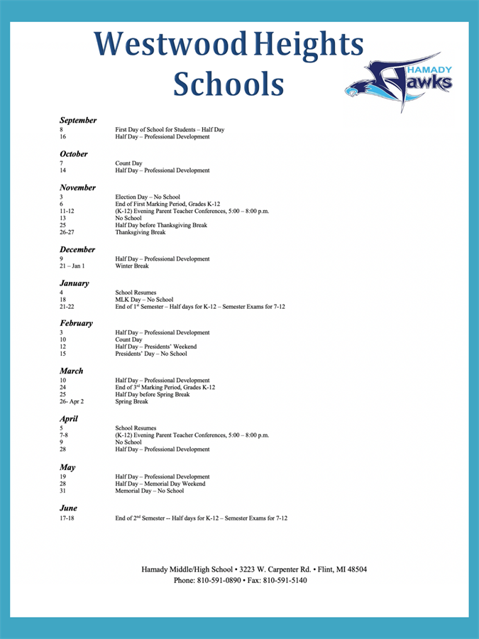 Year To Date Calendar Hamady High School