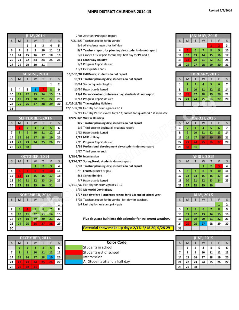 2014 2015 District Calendar Davidson County Schools Metropolitan 