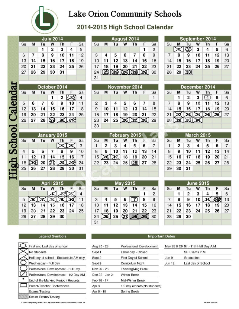 2014 2015 High School Calendar Calendar Detail SchoolCalendars