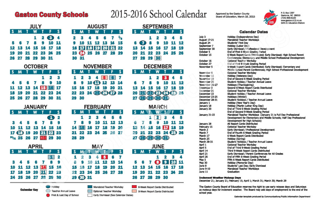 2015 2016 School Calendar Gaston County Schools Gastonia NC