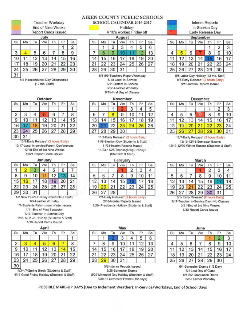 2016 2017 District Calendar Aiken County School District Aiken SC