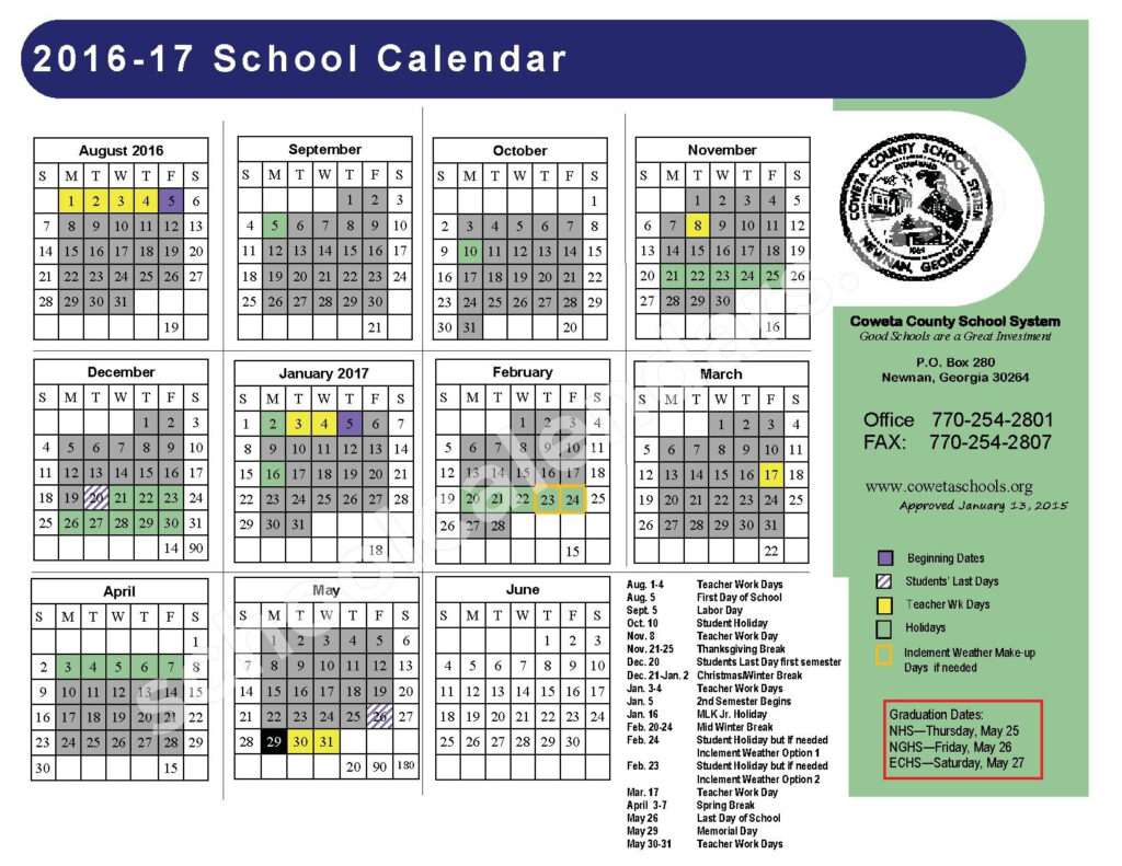 2016 2017 District Calendar Coweta County School System Newnan GA