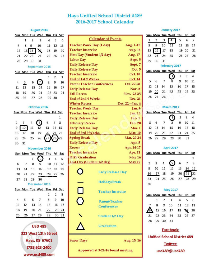 2016 2017 District Calendar Hays Unified School District 489 Hays KS