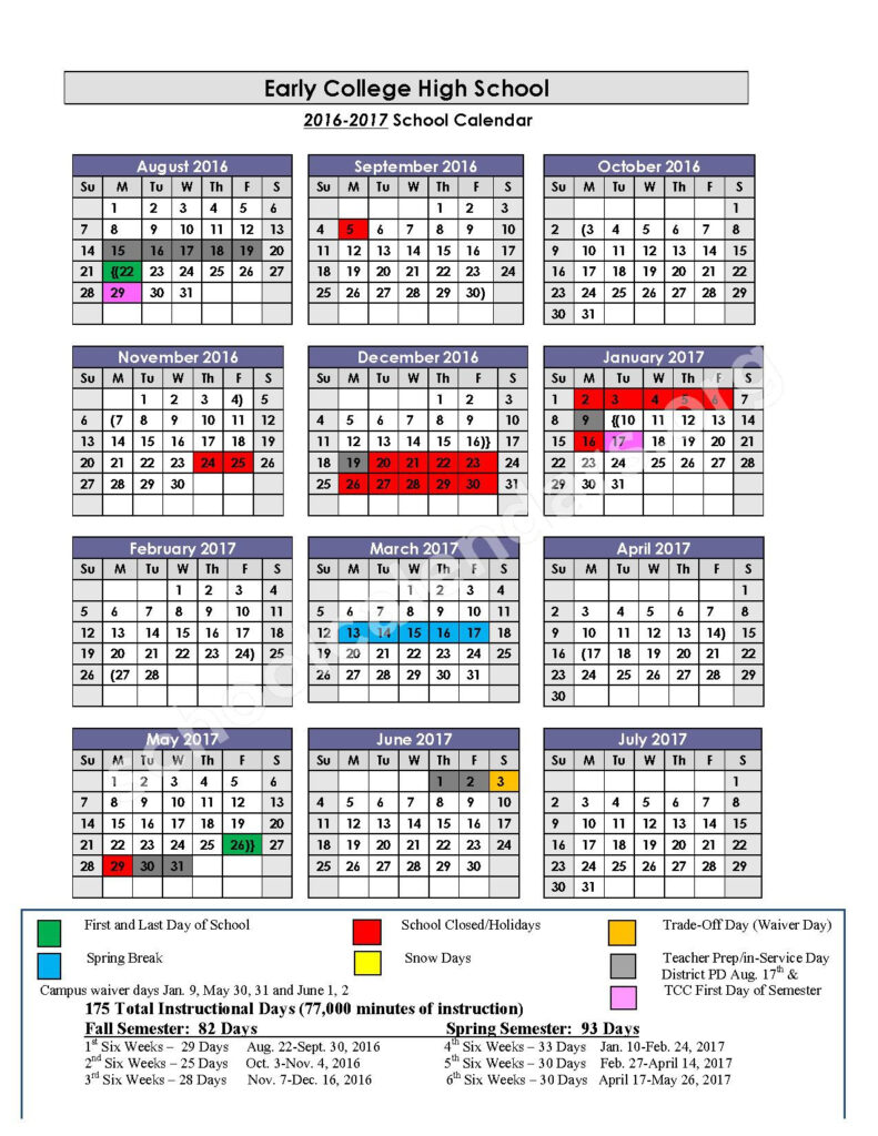 2016 2017 Early College High School Calendar Fort Worth Independent 