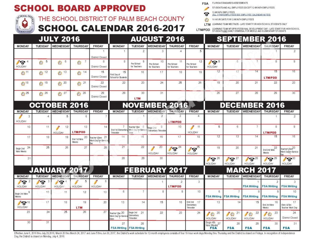 2016 2017 School Calendar Palm Beach County School District West 
