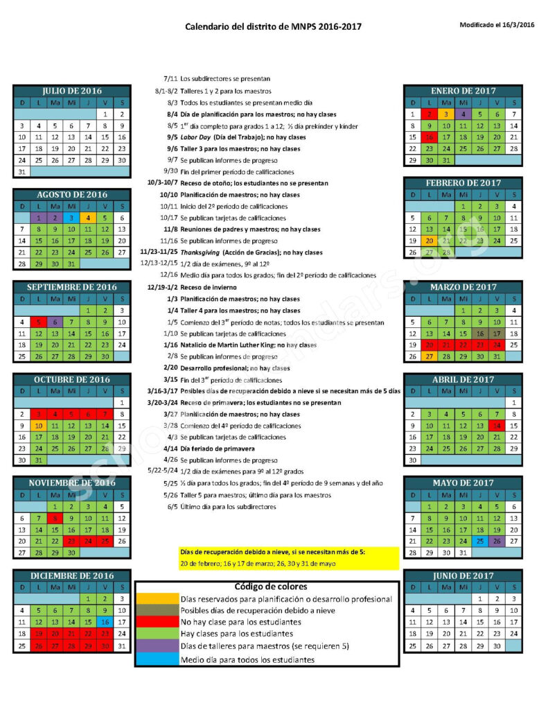 2016 2017 School Calendar Spanish Davidson County Schools 