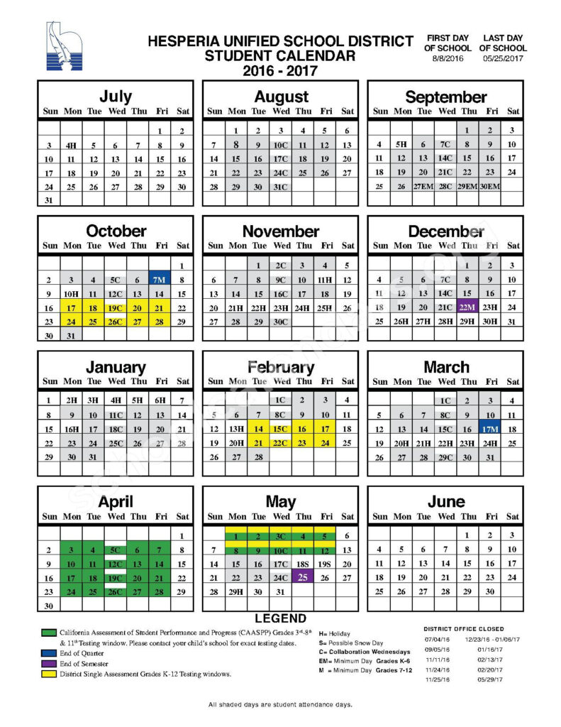 2016 2017 Student Calendar Hesperia Unified School District 