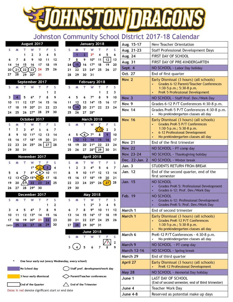 2017 18 Academic Calendar Approved Johnston Community School District