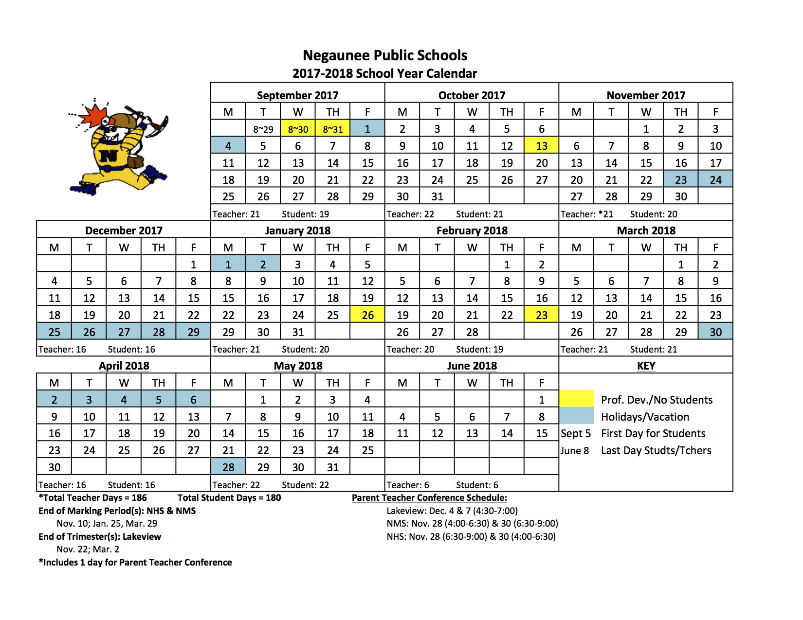 2017 18 School Calendar Negaunee Public Schools