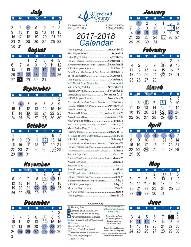 2017 2018 District Calendar Cleveland County Schools Shelby NC
