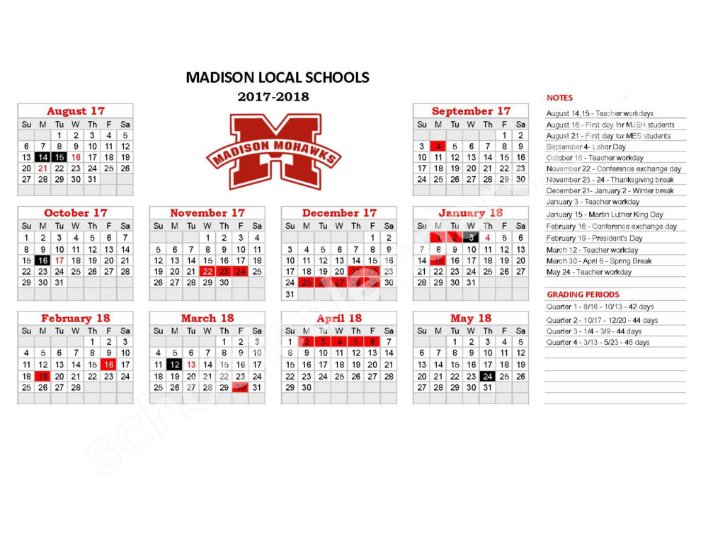 2017 2018 District Calendar Madison Local Schools Butler County 