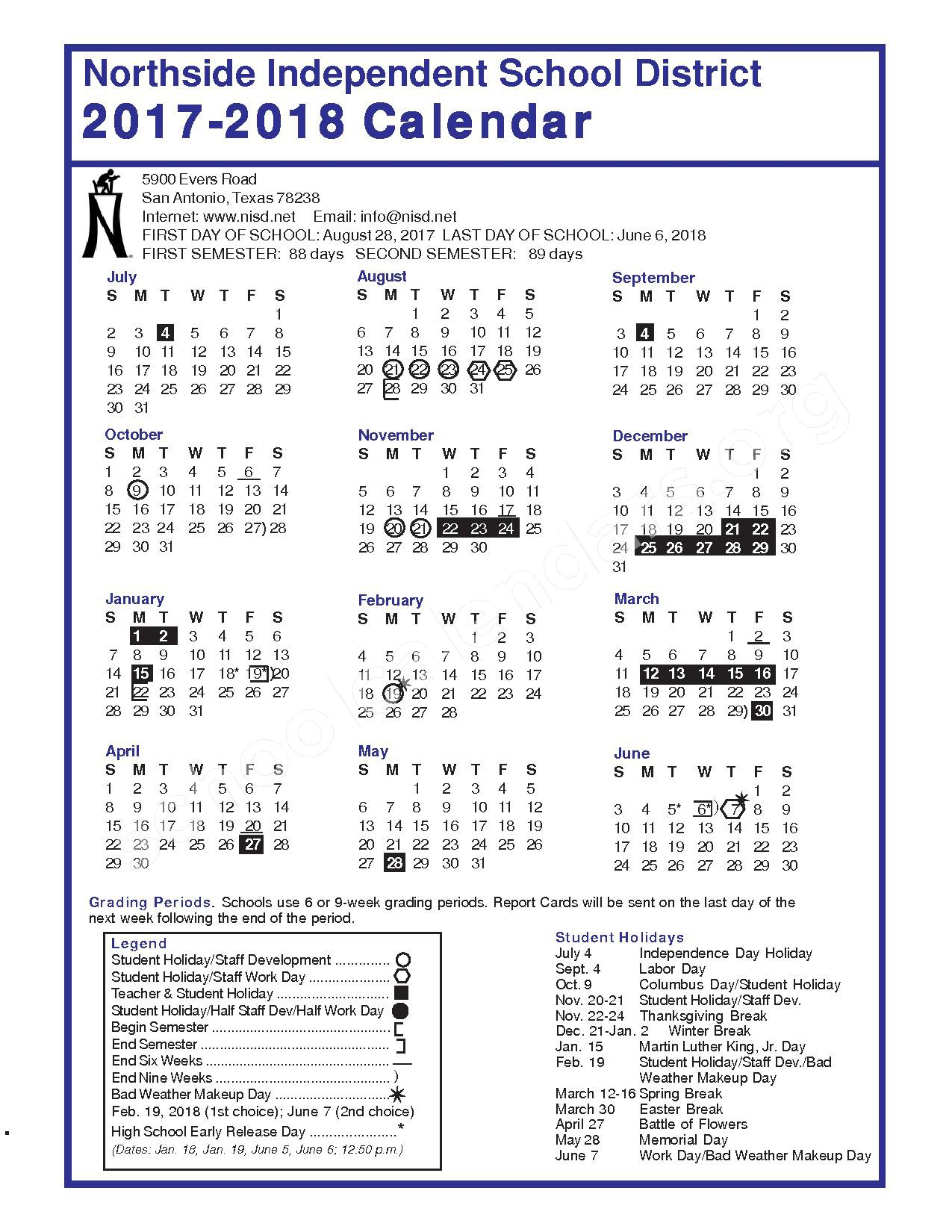 2017 2018 District Calendar Northside Independent School District 