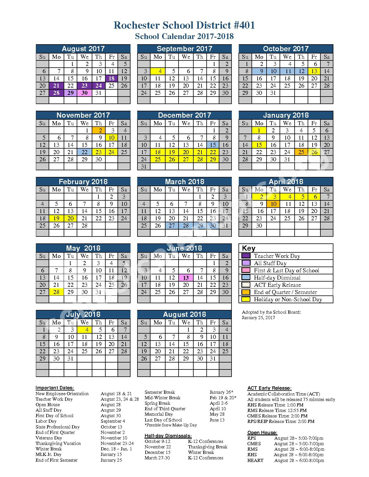 2017 2018 District Calendar Rochester School District Rochester WA