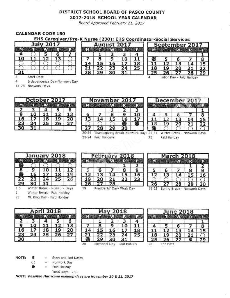 2017 2018 District Calendar Wiregrass Ranch High School Wesley 