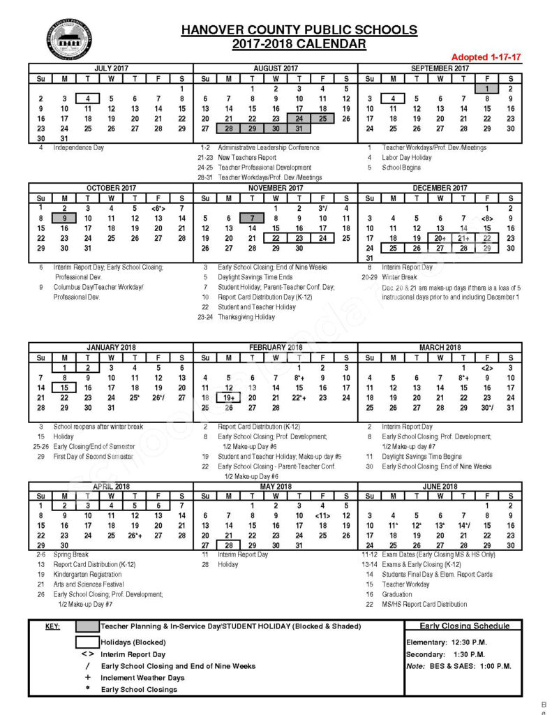 2017 2018 HCPS Calendar Hanover County Public Schools Ashland VA