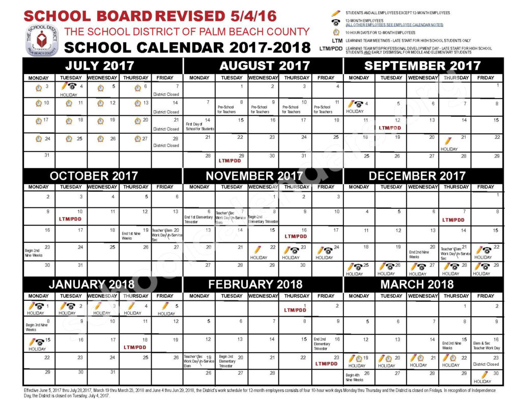 2017 2018 School Calendar Palm Beach County School District West 