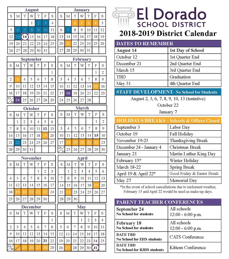 2018 19 Calendar Approved El Dorado School District