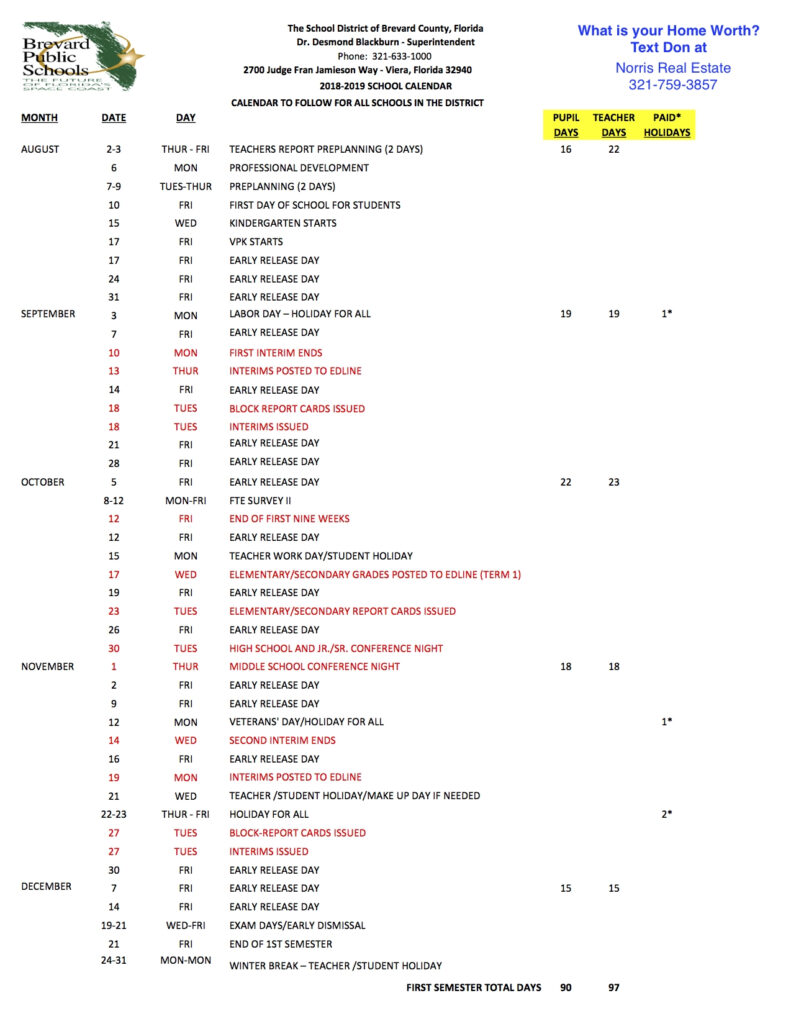 2018 2019 Brevard County School Calendar Live Near Water Qualads
