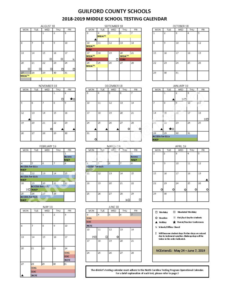 2018 2019 Middle School Testing Calendar Guilford County Schools 