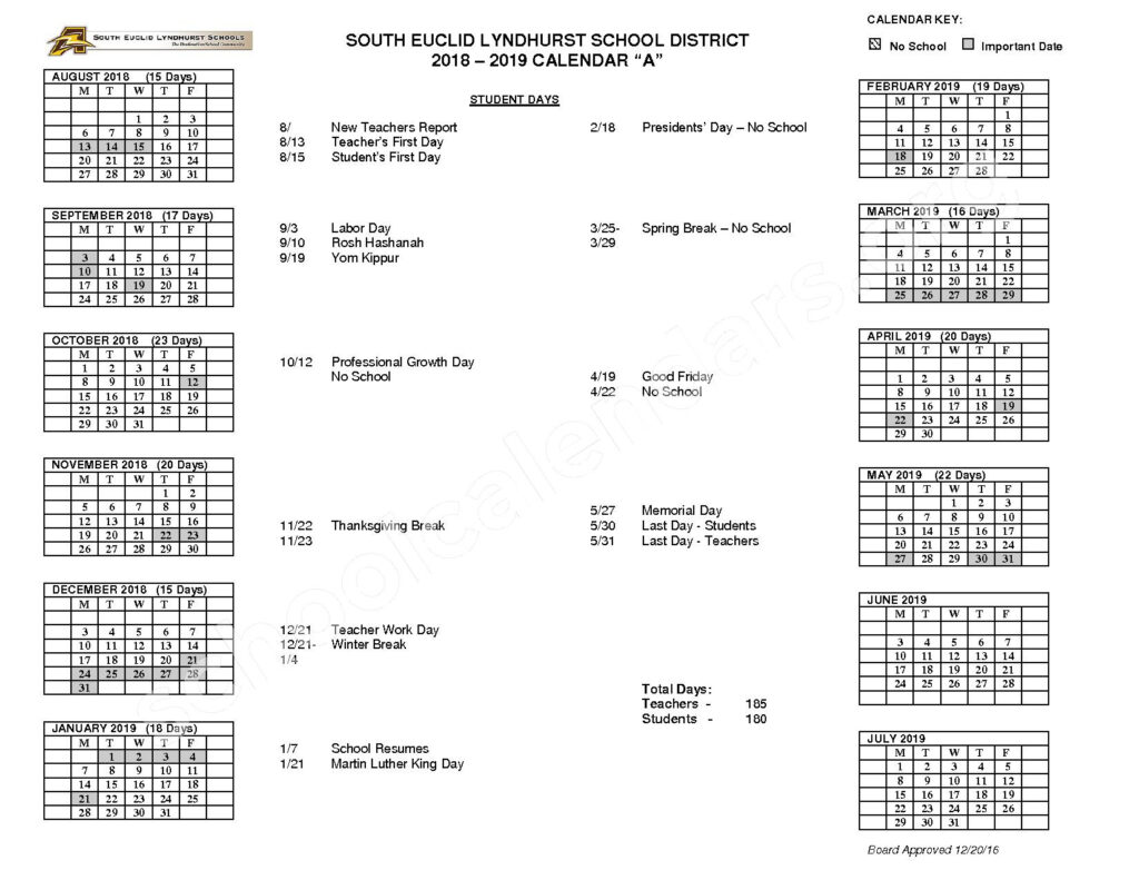 2018 2019 School Calendar South Euclid Lyndhurst Schools 