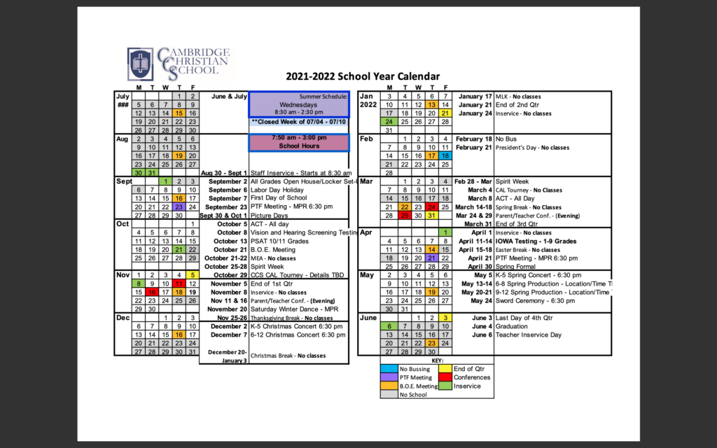 2021 2022 General School Calendar Cambridge Christian School