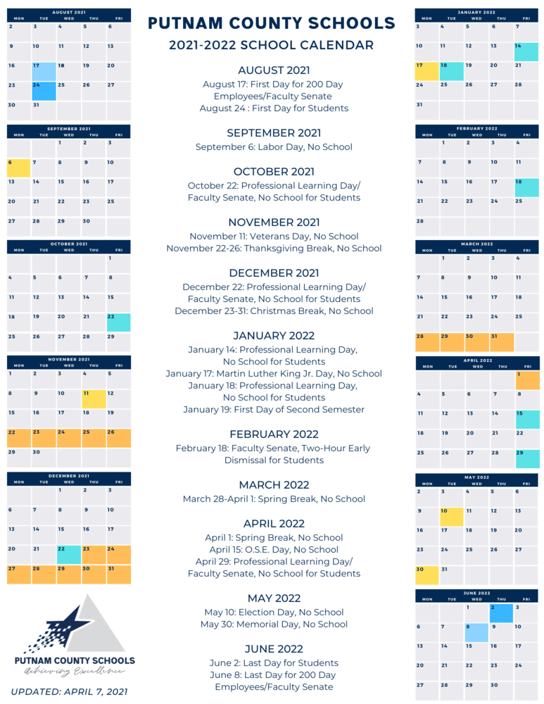 2021 2022 Putnam County Schools Calendar Poca Elementary School