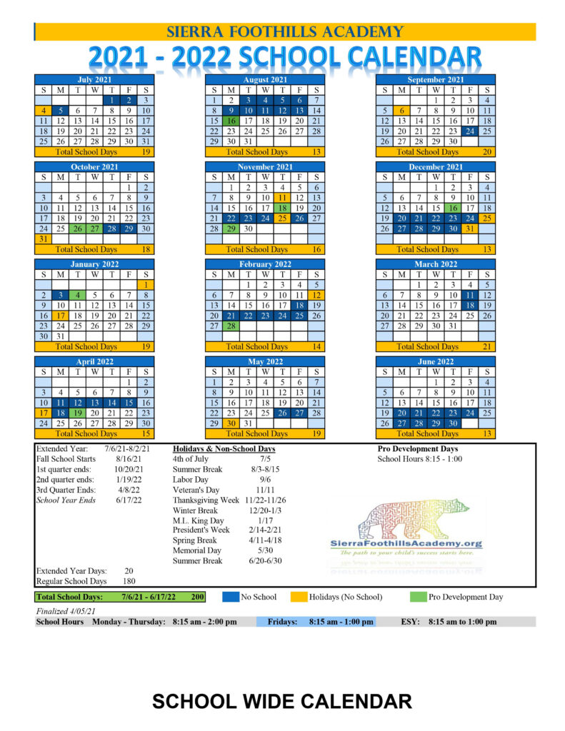 2021 2022 School Calendar Sierra Foothills Academy