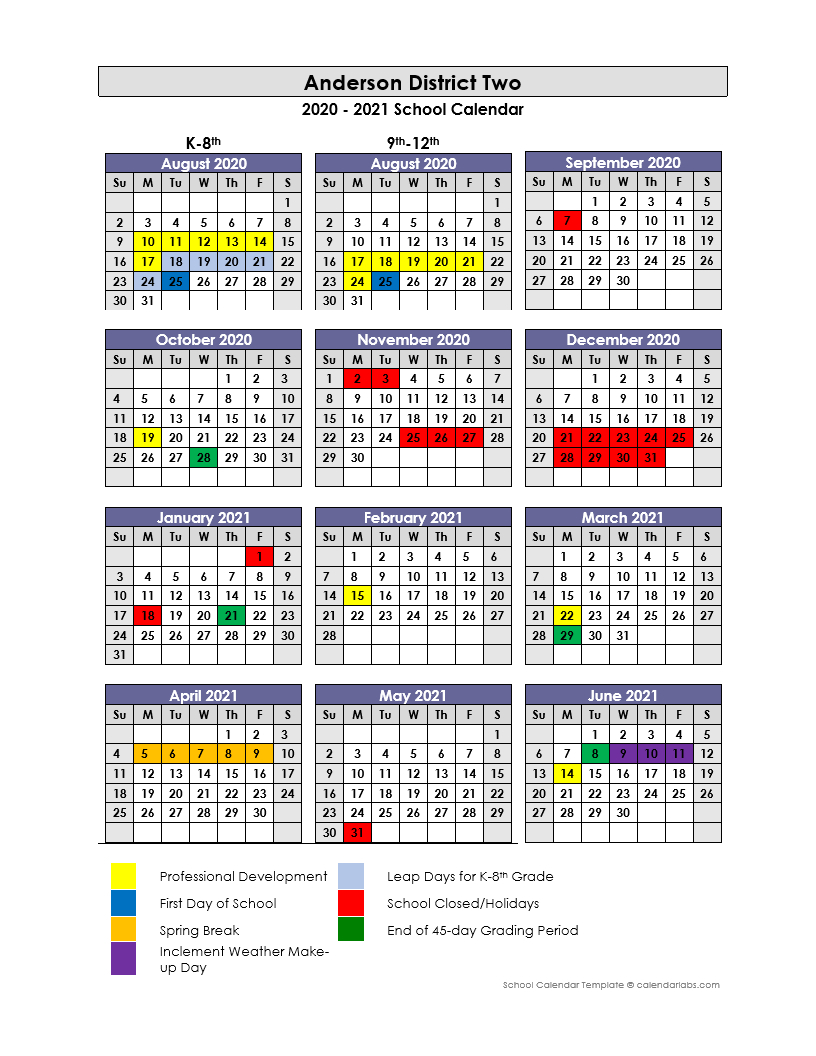 Anderson County School Calendar 2020 2021 Printable Calendars 2021