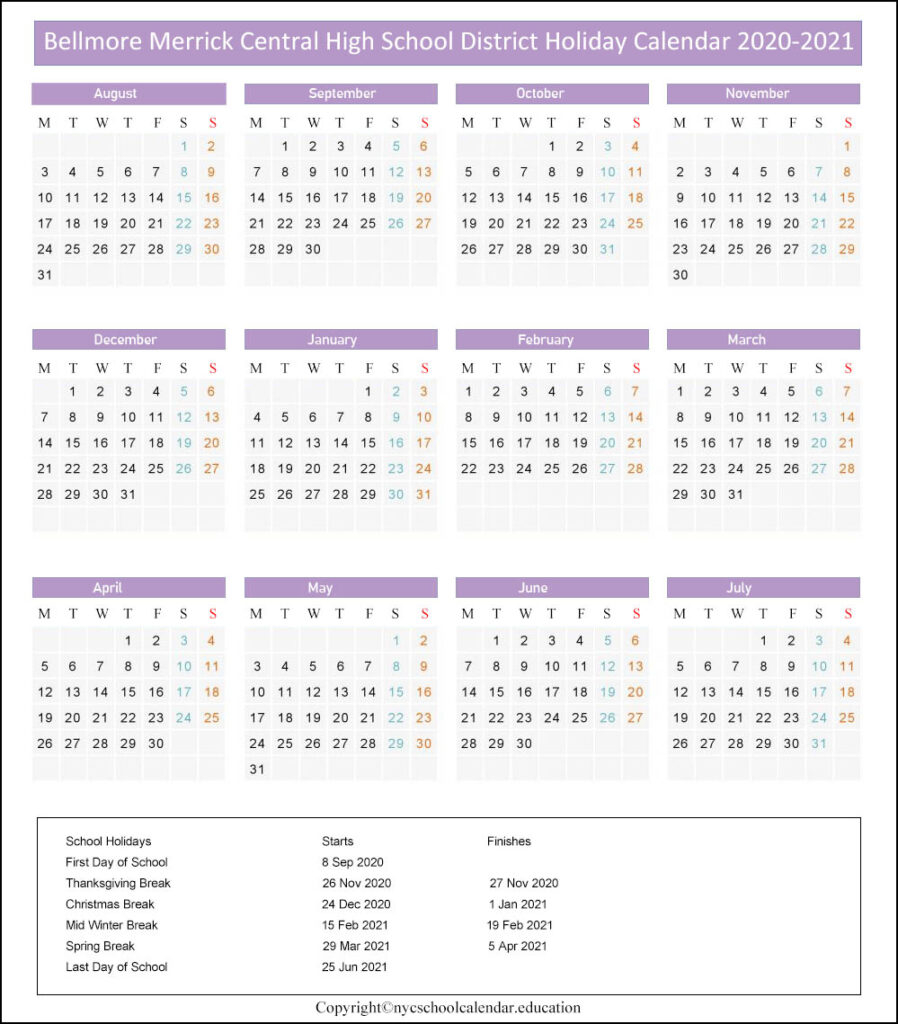 Bellmore Merrick Central High School District Calendar 2021 2022