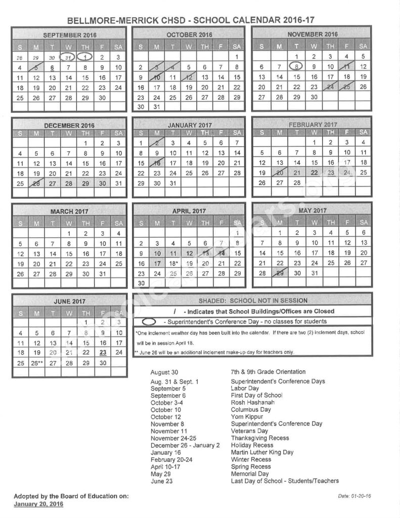 Bellmore Merrick Central High School District Calendars North Merrick NY