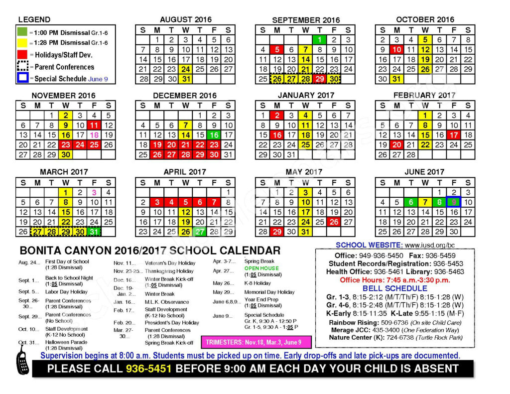 Bonita Canyon Elementary School Calendars Irvine CA