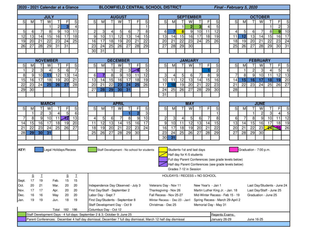 Calendar At A Glance District Bloomfield Central School District